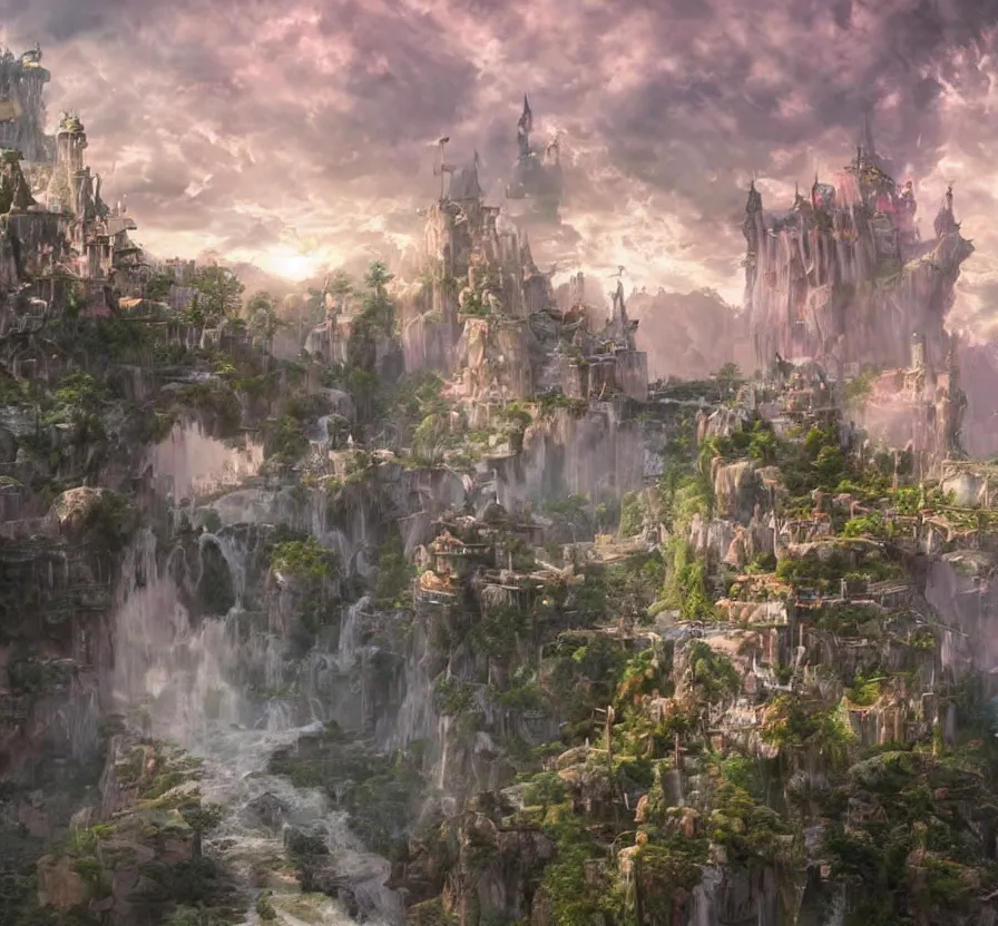 Prompt: beautiful!!! digital painting of a ( ( ( floating cloud kingdom, cloud platforms ) ) ) with an intricate expensive castle and waterfalls!! | dreamy pink!!! sunset!!! intricate civilization, epic rim lighting, dramatic!!!! craig mullins, james jean, octane render, trending on artstation, deviantart, studio level quality, hyperdetailed