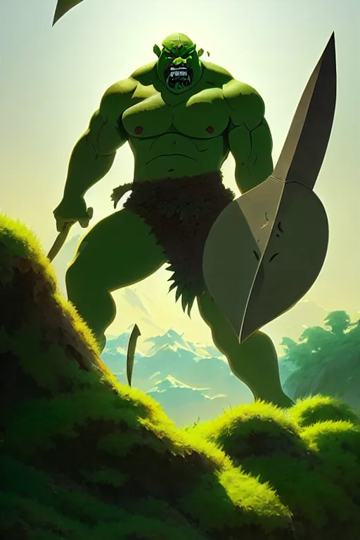 Image similar to orc barbarian male, green skin, exquisite details, big axe, earth magic, mid view, design on a white background, by studio muti, greg rutkowski makoto shinkai takashi takeuchi studio ghibli