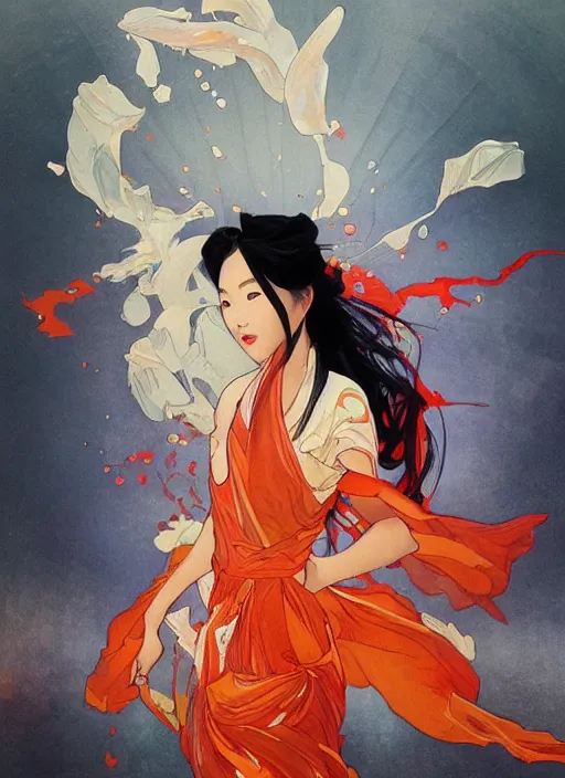 Image similar to mulan, orange spike aura in motion, damaged japanese clothes, floating pieces, painted by art by tsuyoshi nagano, greg rutkowski, artgerm, alphonse mucha, spike painting