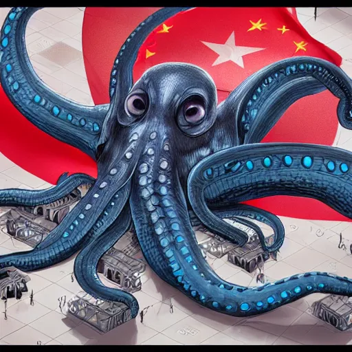 Prompt: Illustration of the Chinese communist party as a dirty octopus with lots of tentacles, dystopian, dirty, 3d shaded, cyberpunk, cgsociety, imax, highly detailed