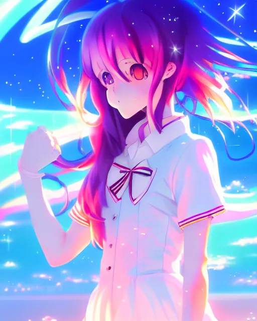 Image similar to anime style, vivid, expressive, full body, 4 k, painting, a cute magical girl with a long wavy hair wearing a sailor outfit, correct proportions, stunning, realistic light and shadow effects, neon lights, studio ghibly makoto shinkai yuji yamaguchi