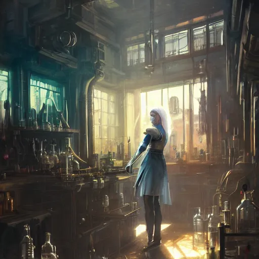 Prompt: cyberpunk alchemy laboratory full of potions, ciri from the witcher it's in the lab. by jeremy mann and alphonse mucha, photo realistic, dynamic lighting, windy, artstation, poster, dreamy, volumetric lighting, ethereal, 4 k, high detail