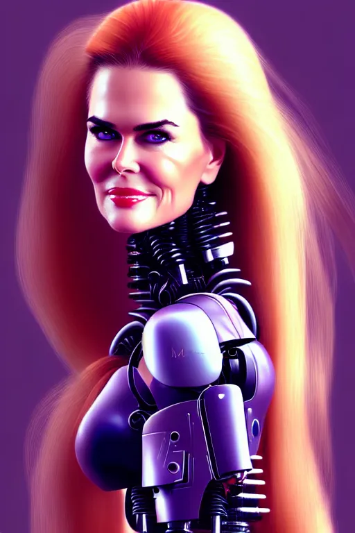 Image similar to mix of beautiful young maria shriver, mariel hemmingway, brooke shields, nicole kidman and elle macpherson as a cyborg terminator, thin lips, hair tied up in a pony tail, dark blonde hair, colorful, artstation, cgsociety