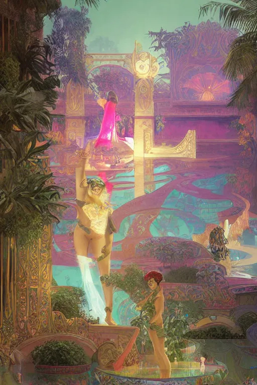 Image similar to Concept Digital Art Highly detailed Vaporwave Art Deco Cybertron lazy river inside of the Palace of the Primes with glowing pink water at night by greg rutkowski, Ilya repin, alphonse mucha, and Edmund Blair Leighton. Very highly detailed 8K, octane, Digital painting, the golden ratio, rational painting, sharp
