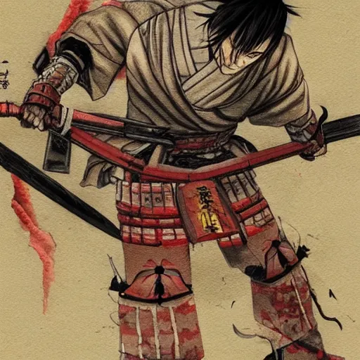 Prompt: bloody samurai standing in a battlefield, drawn by Takehiko Inoue, trending on artstation, 8k, full color, realistic, landscape