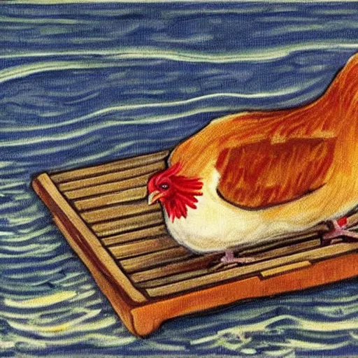 Image similar to digital art of a chicken on a raft, realistic, stylized, artstation, edward munch