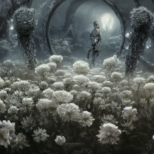 Image similar to intricate bio - mechanical white flowers intertwined with human bio - mechanical organs, intricate environment, matte painting, cinematic, epic composition, highly detailed, atmospheric, wide angle, artstation trending