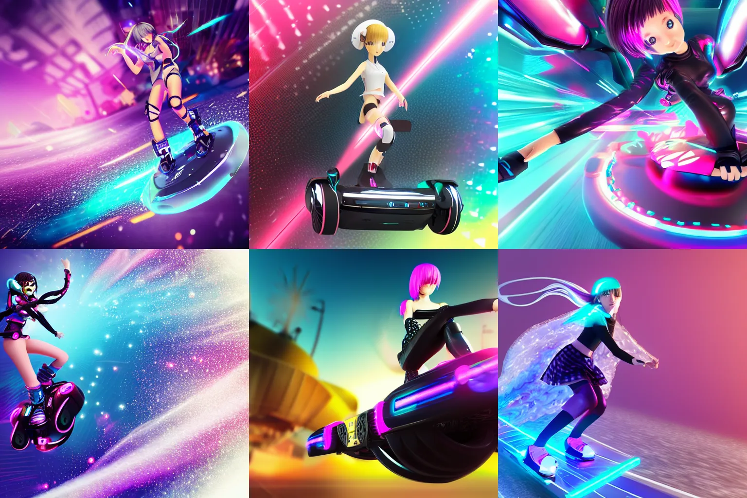 Prompt: anime cyber girl riding a wave of bits on a hoverboard octane render