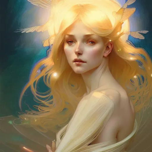 Prompt: Angel girl with blonde hair and glowing halo, wings, fantasy, intricate, elegant, highly detailed, digital painting, artstation, concept art, smooth, sharp focus, illustration, art by Krenz Cushart and Artem Demura and alphonse mucha