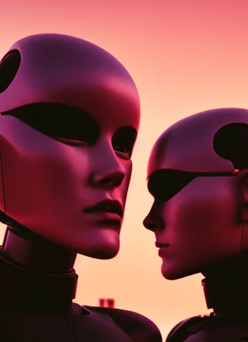 Image similar to cinestill 5 0 d photographic portrait of two loving female androids wearing rugged black techwear on a desolate plain with a brutalist monument and a red sky, extreme closeup, cyberpunk style, dust storm, 8 k, hd, high resolution, 3 5 mm, f / 3 2, ultra realistic faces, ex machina