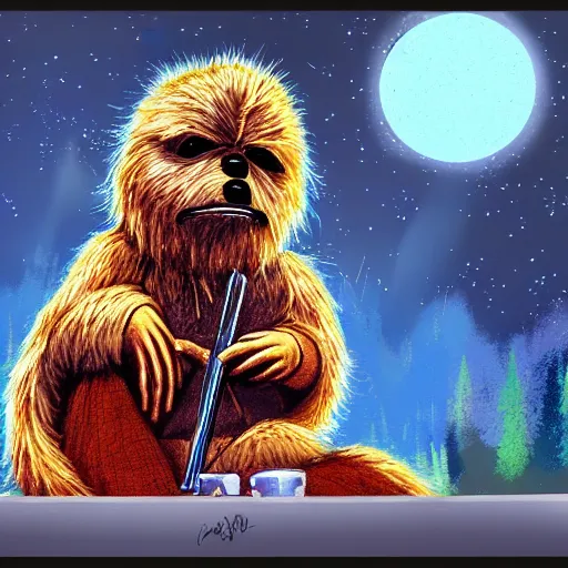 Prompt: ewok watching a movie from his bed, digital art, colourful