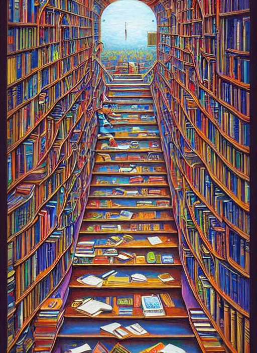 Image similar to the staircase at powell's city of books, vintage shapes, retro technology, happy colors. rob gonsalves, oil on canvas, deep depth field, masterpiece, cinematic composition, hyperdetailed