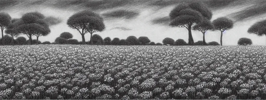 Image similar to A serene flower field at night by Kentaro Miura, highly detailed, black and white