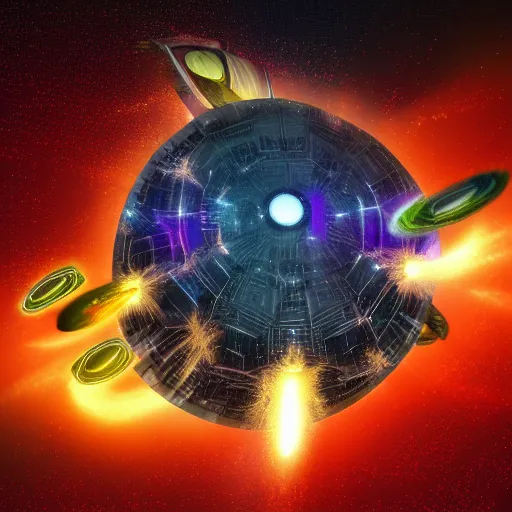 Image similar to a spaceship fleeing an exploding planet, digital art