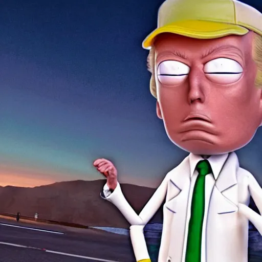 Prompt: Donald Trump with ricks body from Rick & Morty, realistic artstyle, wide shot, dramatic lighting, octane render, hyperrealistic, high quality, highly detailed, HD, beautiful, cinematic, 8k, unreal engine, facial accuracy, symmetrical