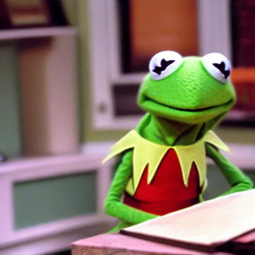 Prompt: kermit the frog from friends ( 1 9 9 7 sitcom ), very detailed face