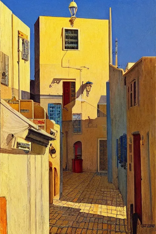 Image similar to eerie street in Tel Aviv Jaffa, Israel, solar water heating and antenna on the roofs, laundry drying under the windows, victor Nizovtsev, edward hopper, giorgio di chirico