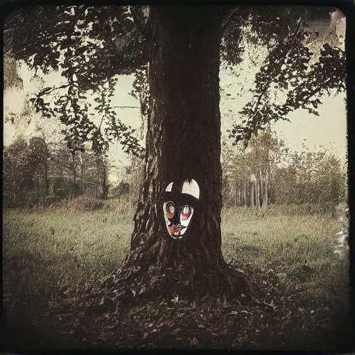 Image similar to eerie polaroid of a creepy clown peaking out from behind a tree in a forest at dusk