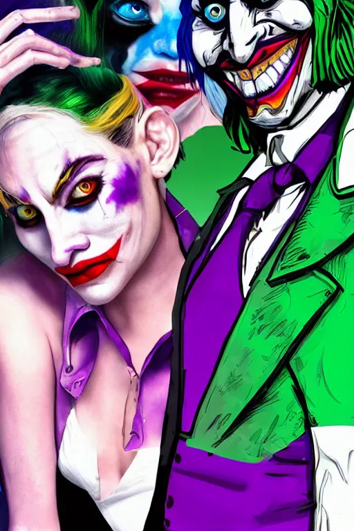 Image similar to joaquin phoenix as joker and lady gaga as harley quinn, remove duplicate content!!!!, violet polsangi pop art, gta chinatown wars art style, bioshock infinite art style, incrinate, realistic anatomy, hyperrealistic, green and purple color, white frame, content balance proportion