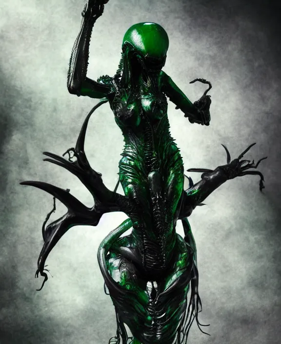 Image similar to xenomorph queen goth model hybrid, dragon eggs, dark emerald mist colors, giger background liminal void, cinematic lighting, realistic, award winning photograph, various refining methods, micro macro autofocus