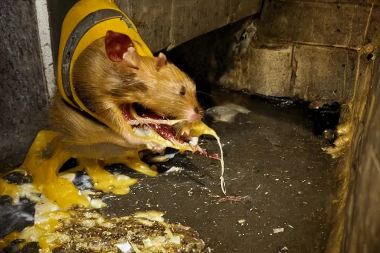 Image similar to a mutant disgusting rat eating cheese in a sewer, photograph, terror, horror, mutant,