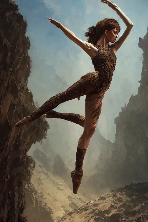 Image similar to a full body portrait of a beautiful post apocalyptic offworld desert gymnast leaping in ballet dance pose by the emerald oasis pools, intricate, elegant, highly detailed, digital painting, artstation, concept art, smooth, sharp focus, illustration, art by krenz cushart and artem demura and alphonse mucha