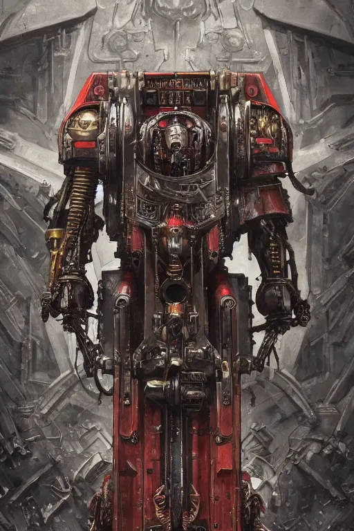 Image similar to portrait of adeptus mechanicus from Warhammer 40000. Highly detailed, artstation, illustration by Karl Kopinski and Adrian Smith