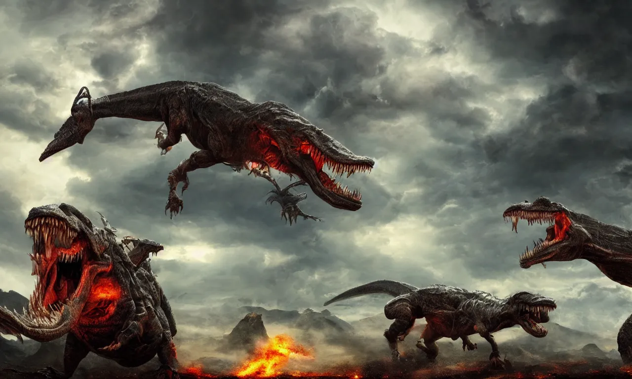 Prompt: ! dream prehistoric alien yajuta predator battling a tyrannosaurus, dinosaur slayer, volcanic landscape, storm clouds, epic cinematic matte painting,