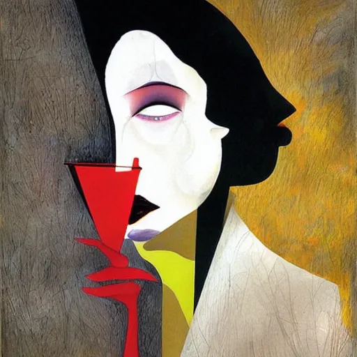 Prompt: A woman is drinking her shadow, expressionist, sharp colors, by Dave McKean