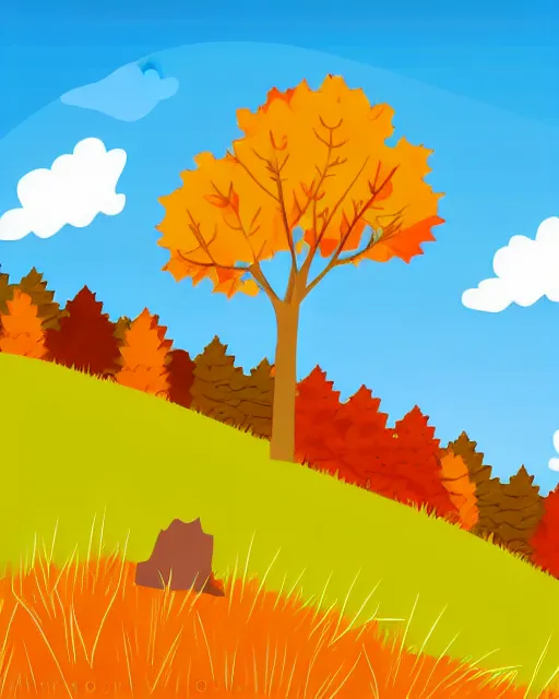 Prompt: autumn hillside boy hiking illustration light color