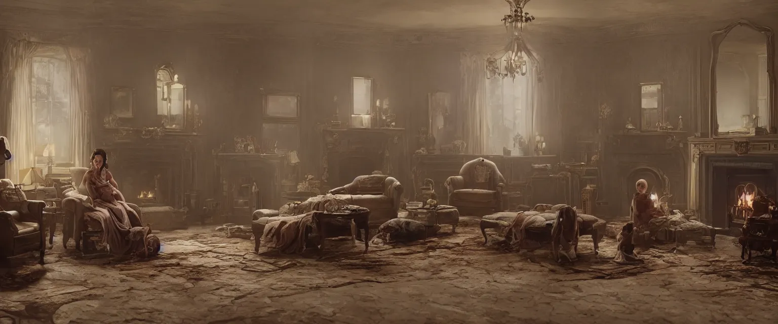 Prompt: An award-winning highly detailed 8k anamorphic cinematic movie still of a sad robot seated on a fainting couch in front of a roaring fireplace in a Victorian home holding a sick baby, on an early post-apocalyptic morning, with cinematic lighting and lens flare, by Simon Stalenhag and Gregory Crewdson and Alfonso Cuaron