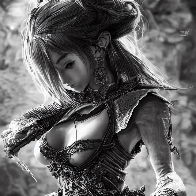 Image similar to the portrait of neutral evil fallen female dark knight vagabond as absurdly beautiful, gorgeous, sophisticated, young gravure idol, an ultrafine hyperdetailed illustration by kim jung gi, irakli nadar, intricate linework, bright colors, octopath traveler, final fantasy, unreal engine 5 highly rendered, global illumination, radiant light, detailed and intricate environment