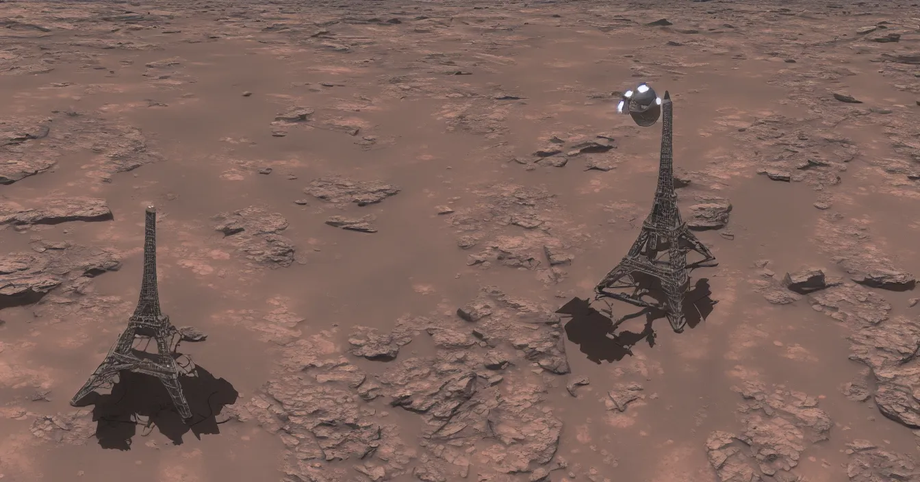 Prompt: spacecraft in the shape of the eiffel tower just landing on mars, photorealism, journalistic photography, super detail, composition, qualitative photography, vray shading, unreal engine