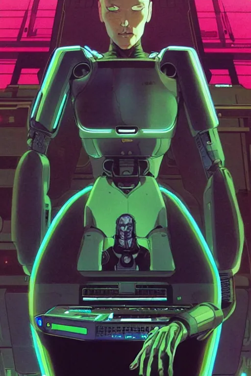 Prompt: a comic illustration of an android merging with a computer console, the console is tall and imposing, there are many cables on the floor, futuristic, ghost in the shell, cyberpunk, neon colors, art by Moebius and jean giraud and greg rutkowski