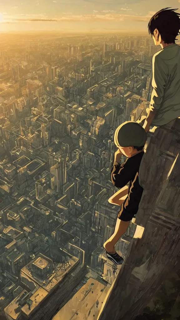 Image similar to Sad gopnik boy in black adidas looking atop of a urban plateau filled with soviet apartment buildings, golden hour, dreamy, beautiful clouds, beautiful lighting, wallpaper, cityscape, beautiful artwork by Makoto Shinkai