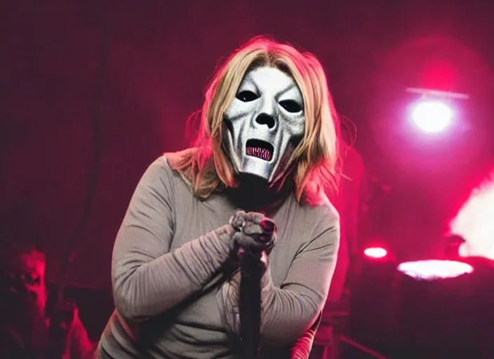 Image similar to publicity photo still of martha stewart in slipknot playing live on stage, 8 k, live concert lighting, mid shot