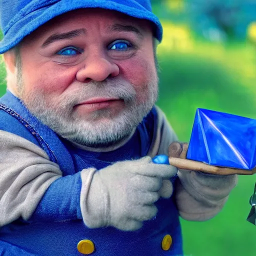 Image similar to a pudgy dwarf wearing blue overalls with a pocketful of gems holding a pickax, high resolution film still, HDR color, movie by Wolfgang Petersen and Peter Jackson