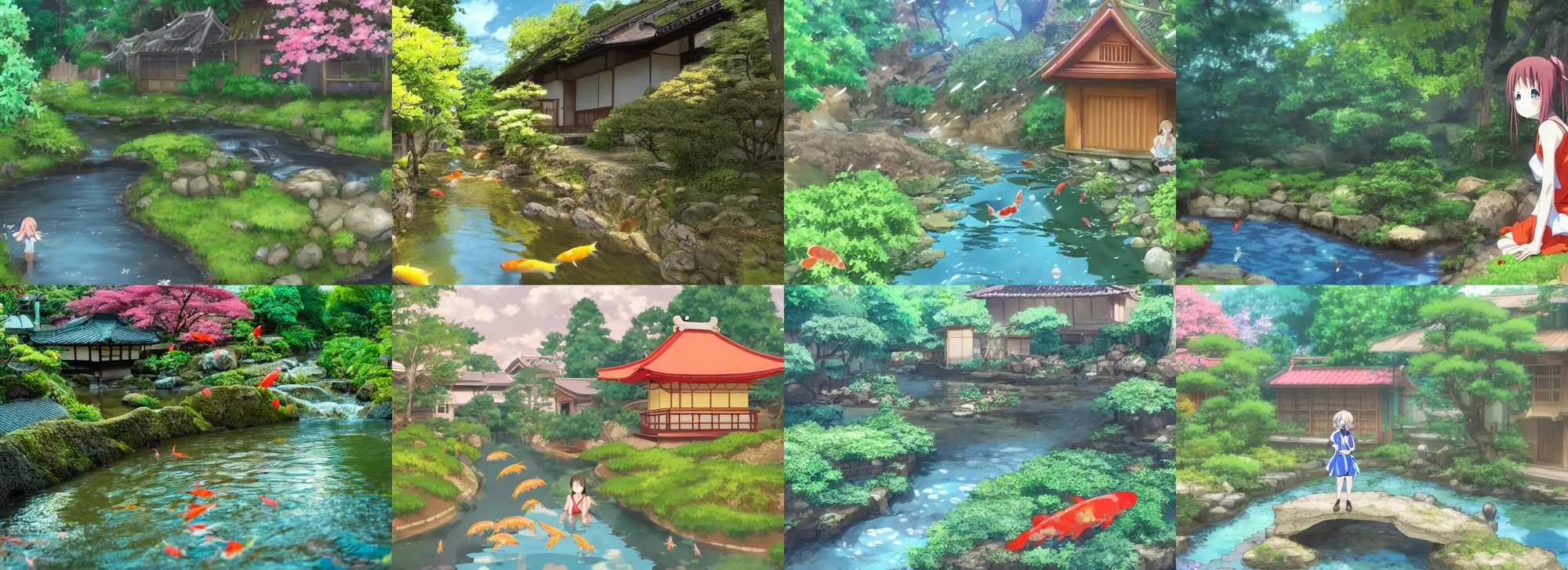 Prompt: anime screenshot pattern, japanese house with small stream beside the house. koi fish are swimming in the stream. original cute girl doing cute things / iyashike / slice life kyoto animation 4 k 8 k ultrahd award winning