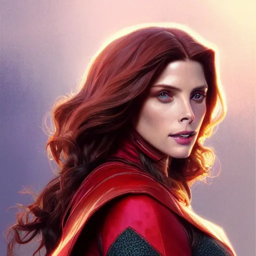 Image similar to Ashley Greene as Scarlet Witch, western, D&D, fantasy, intricate, elegant, highly detailed, digital painting, artstation, concept art, matte, sharp focus, illustration, art by Artgerm and Greg Rutkowski and Alphonse Mucha