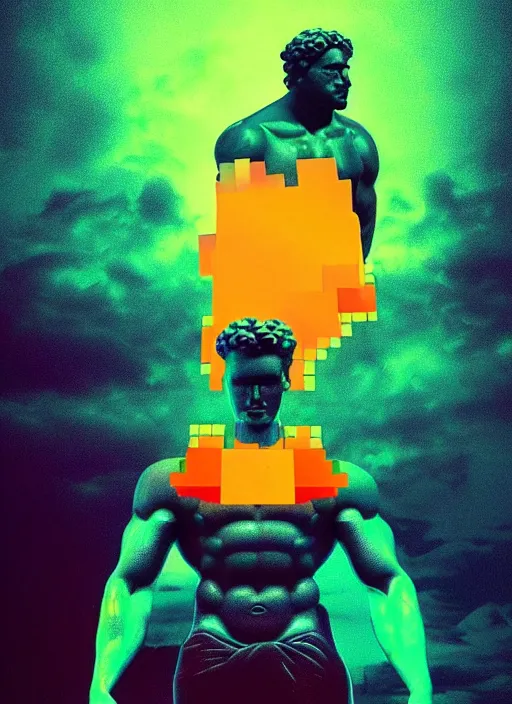 Image similar to statue of hercules, beeple, vaporwave, retrowave, abstract geometric neon shapes, black background, glitch, pixel sorting, strong contrast, pinterest, trending on artstation