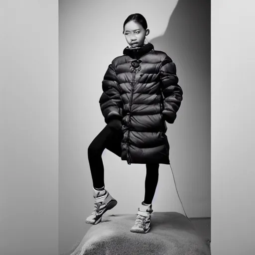 Image similar to realistic photoshooting for a new balenciaga lookbook, color film photography, portrait of a blonde asian woman, model wearing a puffer jacket, photo in style of tyler mitchell, 3 5 mm,