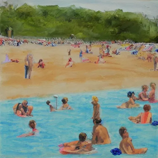 Image similar to Hot sunny beach seeing lots of people swimming and paddling in the sea, painted in a loose painterly style