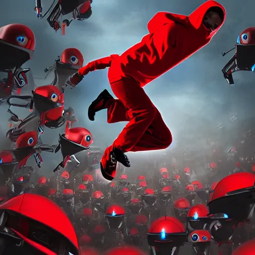 Image similar to man in red hoodie jumping over army of robots, digital art, dynamic, realistic reflections