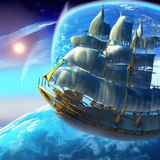 Image similar to fantasy world on top of a ship sailing in space