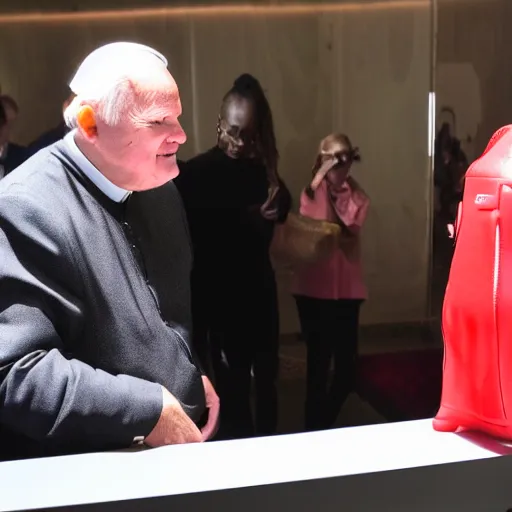 Image similar to john paul ii admiring a yeezy 3 5 0 sneaker in his hands