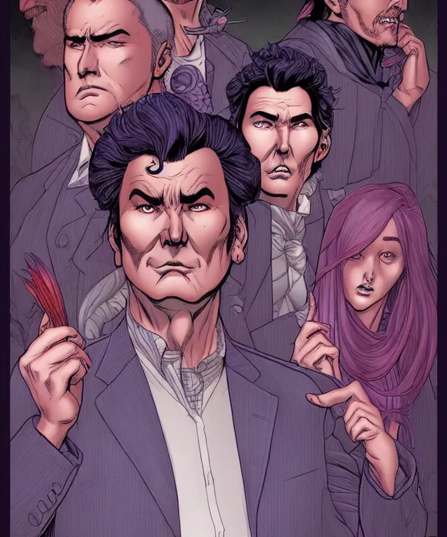 Image similar to a fantasy comic - style full portrait of a gambler who looks like norm macdonald, digital illustration by jenny frison and sana takeda and kentaro miura, fine inking lines, vivid colors, dnd, highly detailed!, hd, 4 k, trending on artstation