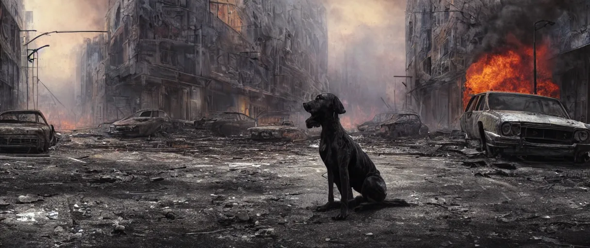 Image similar to A beautiful hyper realistic ultra detailed matte painting of a close-up front view of scruffy black hound standing in the middle of a city street at night in an abandoned post-apocalyptic city, abandoned cars on fire, crumbling buildings, unreal engine, deviant art, flickr, artstation, octane render, textured, colorful, extreme realistic detail, physically based rendering, pbr render, very detailed, volumetric lighting, octane render, 4k, cinematic, 8k resolution,