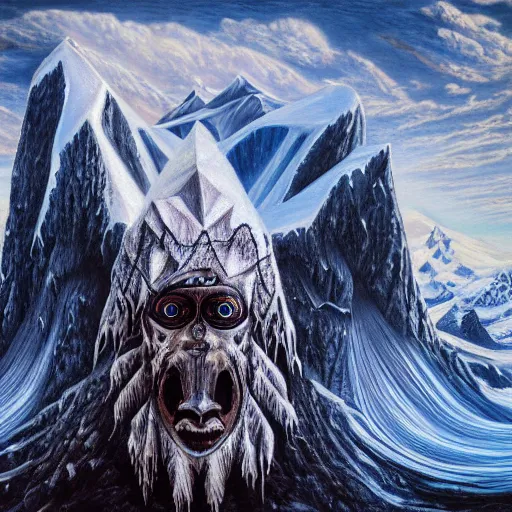 Image similar to mysteries of Antarctica glacial cult mountain god, realistic fantasy, oil painting, extremely high detail, photorealistic, cinematic lighting, oil painting, intricate line drawings, 4k resolution