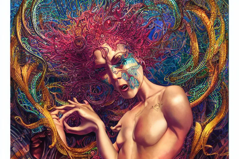 Image similar to raver by artgerm, steve argyle, ernst haeckel, david a. hardy, oyama kojima, phil koch, annie leibovitz, benoit mandelbrot, dan mumford, bruce pennington, mimmo rotella