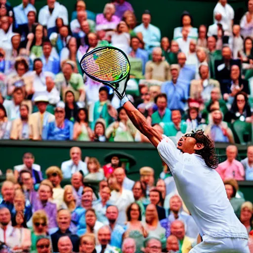 Image similar to award winning photograph on Rafael Nadal winning a point at wimbledon using a broom as a tennis racquet 35mm hdr